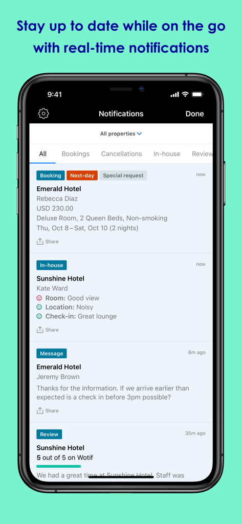 Expedia Group Partner Central - Expedia Group Partner Central app showing real time notifications for bookings and guest reviews