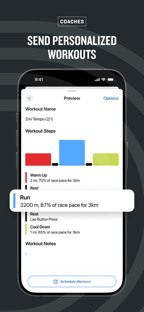Interface do aplicativo Garmin Clipboard para treinadores criarem e visualizarem treinos de corrida personalizados.