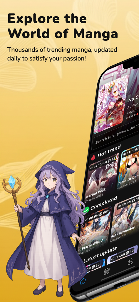 Manga Reader - Top Manga - Manga Reader app interface showing trending manga titles and an anime character.