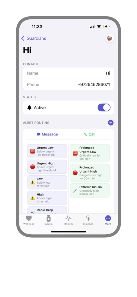 GlucoGuard - GlucoGuard app interface showing emergency contact settings and customizable alert routing for glucose levels