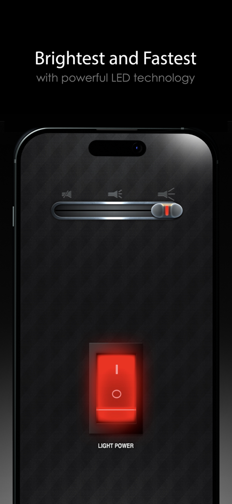 Flashlight ◯ - Interfaz de la aplicación Linterna que muestra un interruptor de encendido de luz roja y un control deslizante de brillo