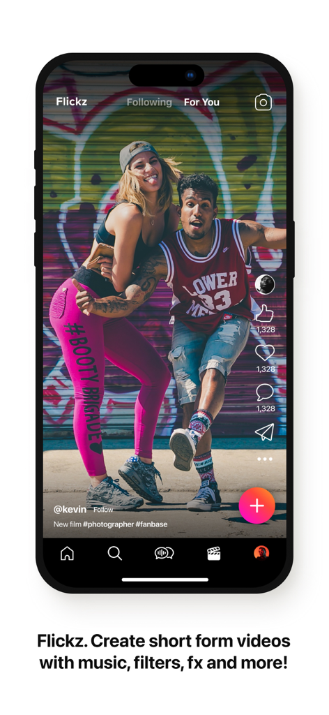 Fanbase - Fanbase mobile app showing the Flickz short form video interface with two creators posing in front of a colorful wall