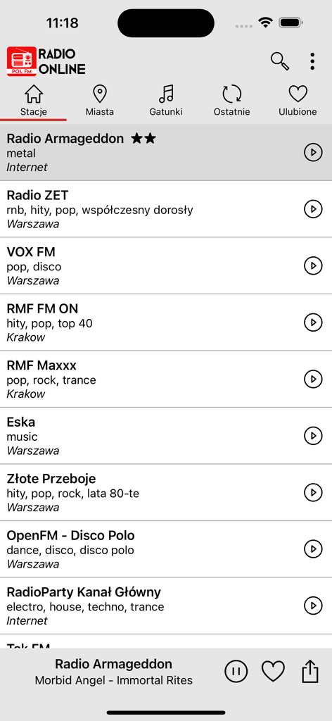 Radio Internetowe - Interface da aplicação Rádio por Internet mostrando uma lista de estações de rádio polacas populares como Radio ZET, RMF FM e Eska.