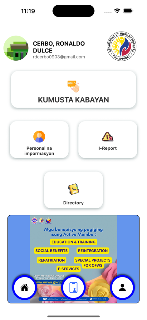 Home screen of the Kumusta Kabayan mobile app for Overseas Filipino Workers showing profile details and service options