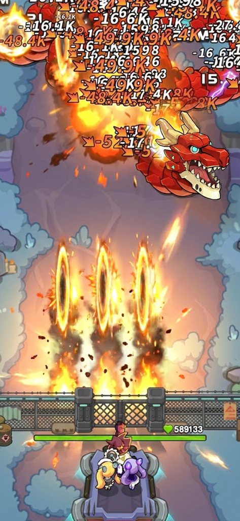 Dragon Fever TD - Hero squad defending against a mechanical dragon boss with fire magic in Dragon Fever TD