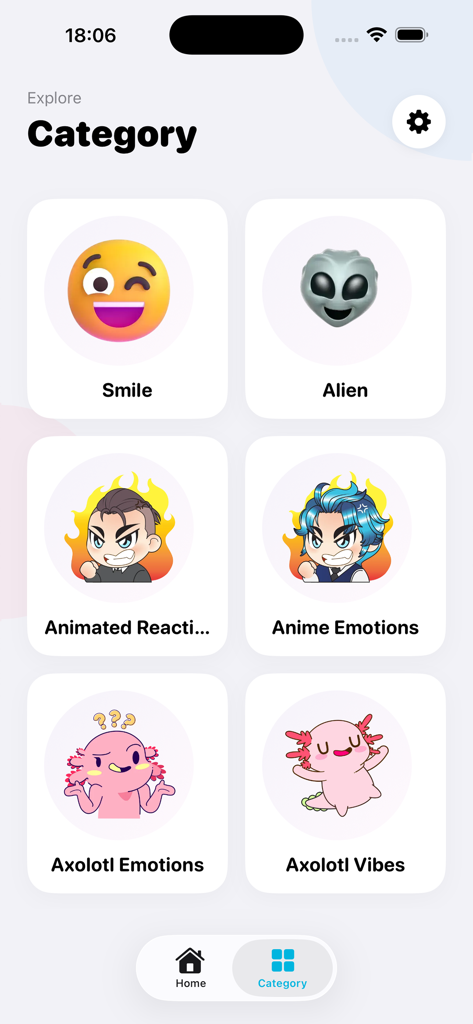 Emoji Maker - Personal Creator - Category screen of the Emoji Maker app showing sticker packs for smileys, aliens, anime, and axolotls.