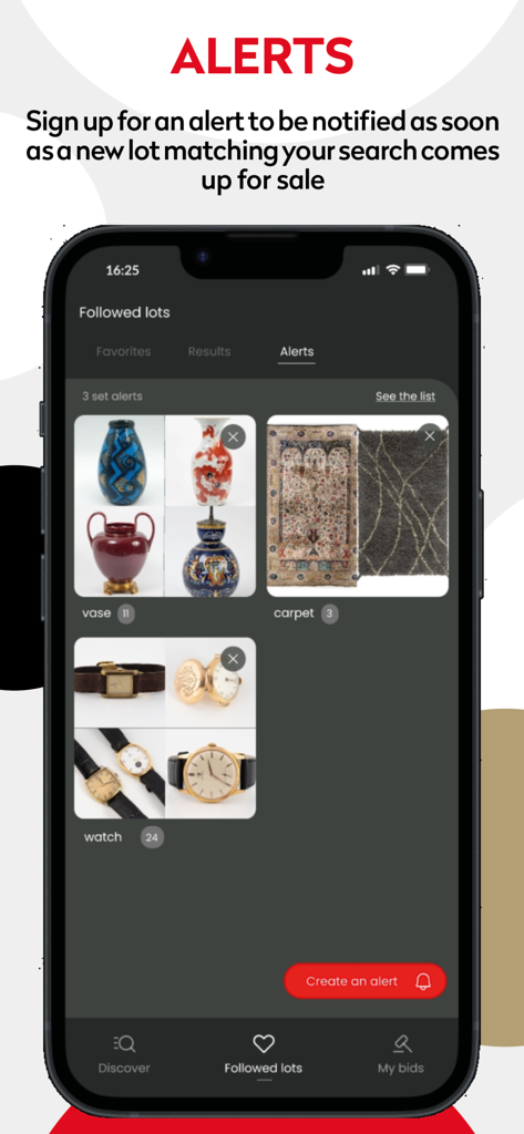 Drouot app interface showing the alerts feature for tracking new auction lots such as antique vases carpets and luxury watches