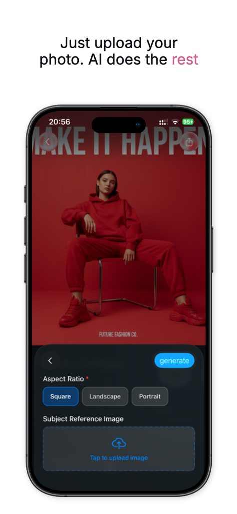 Bose - AI Photo Generator - Bose AI Photo Generator app screen showing options to upload a subject reference image and select aspect ratio for generating AI photos.