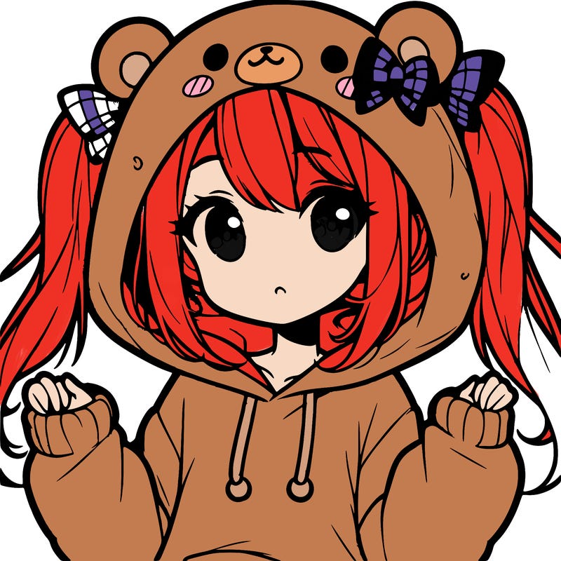 cute anime girl with ponytails and a cute bear hoodie