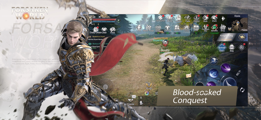 Forsaken World:Gods and Demons - Un caballero con armadura detallada junto a una escena de juego en Forsaken World