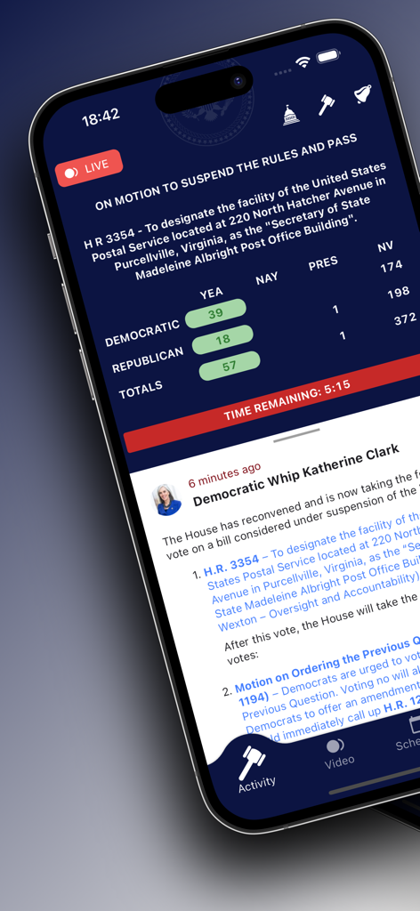 Dome Watch - Écran de smartphone affichant les décomptes de votes en direct de la Chambre des représentants américaine et les mises à jour législatives dans l'application Dome Watch