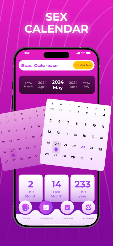 Vibrator: Feel Relax Massager - A pink mobile app screen showing a sex calendar with monthly and yearly activity statistics