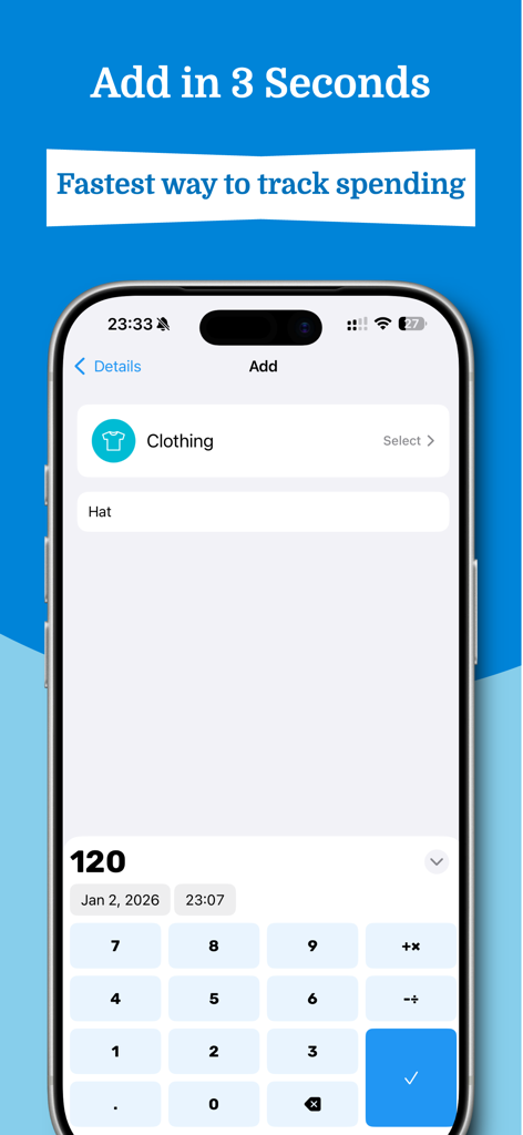 Expense Tracker: EasyBudget - Mobile interface of Expense Tracker EasyBudget showing a quick 3-second expense entry for a clothing item.