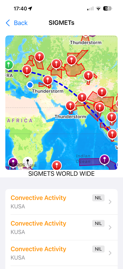 FlightMate – Pilot Tools - FlightMate app screen showing global SIGMET weather alerts on an interactive map.