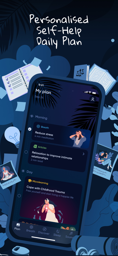 BetterMe: Mental Health - Screenshot dell'app BetterMe che mostra un piano giornaliero personalizzato con meditazione mattutina e attività per il sollievo dallo stress.