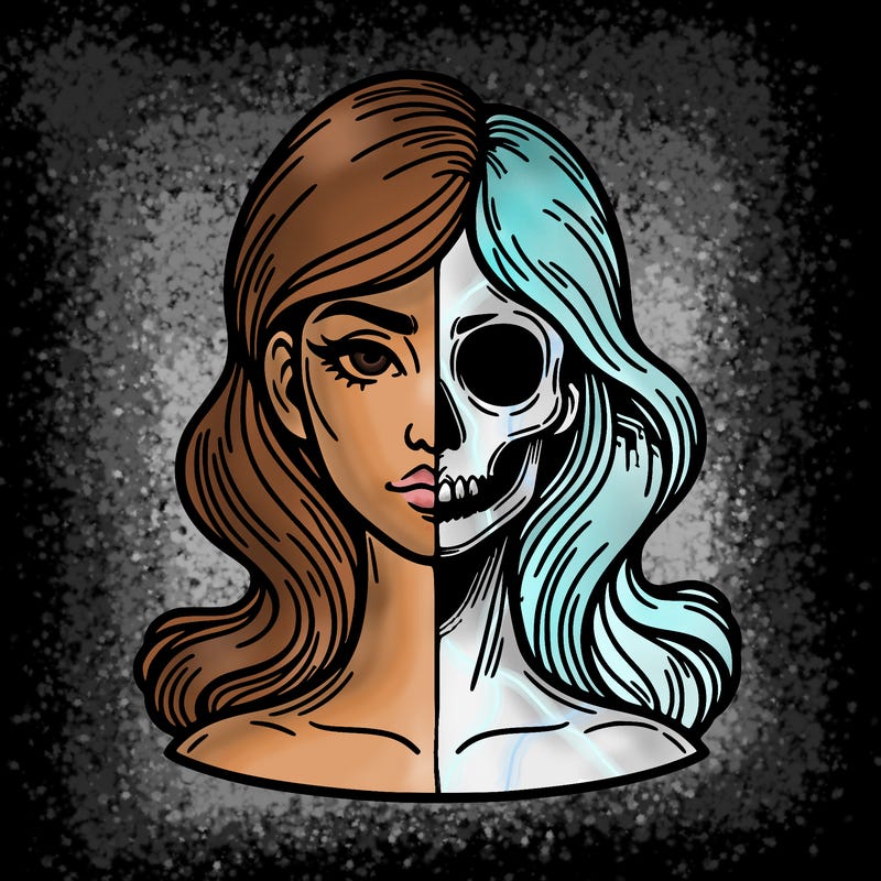 bust of a woman, half face and hair, half skull