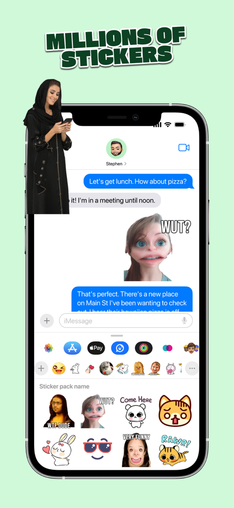 An iPhone screen showing a custom funny sticker in an iMessage chat with a library of personalized stickers at the bottom.