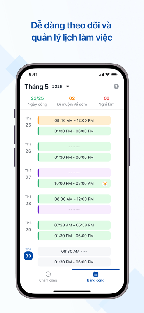 HanoiWork - Interface de gestion du calendrier de travail et des feuilles de temps de l'application mobile HanoiWork