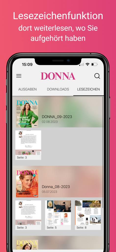 Screenshot des Lesezeichenbereichs der DONNA Magazin App, der gespeicherte Artikel und Ausgaben für schnellen Zugriff anzeigt