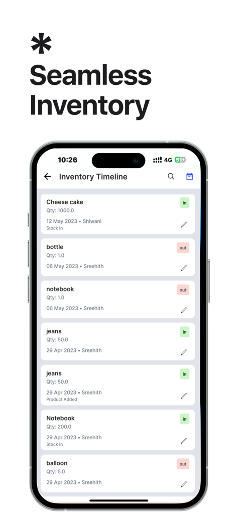 Una pantalla de smartphone que muestra la línea de tiempo de inventario de la aplicación Swipe con seguimiento de stock para productos como tarta de queso y ropa.