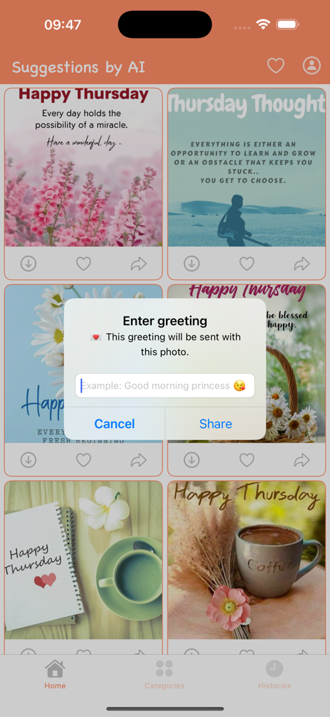 Good Morning & Good Night Love - App interface showing AI suggested greeting cards and a custom message sharing pop-up