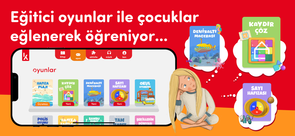 Interfaz de la aplicación móvil Ketebe Çocuk que muestra una selección de juegos y rompecabezas educativos para niños