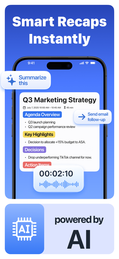 AI Note Taker: Meeting Notes - Smartphone screen showing AI generated meeting notes with agenda items highlights and action items for a marketing strategy session