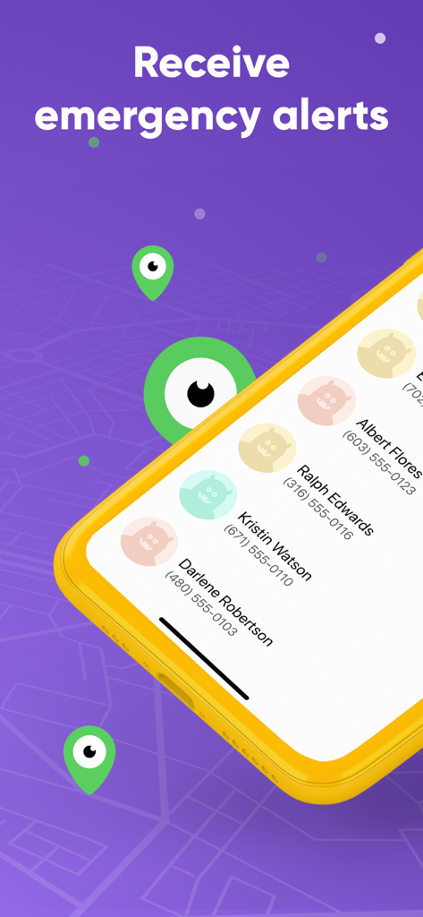 Um ecrã de smartphone mostrando a interface da aplicação Kidgy para receber alertas de emergência e monitorizar contactos.