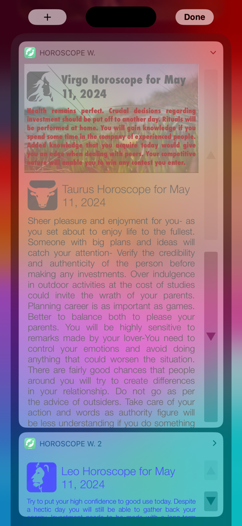 Multiple custom astrology widgets on an iPhone home screen displaying daily horoscopes