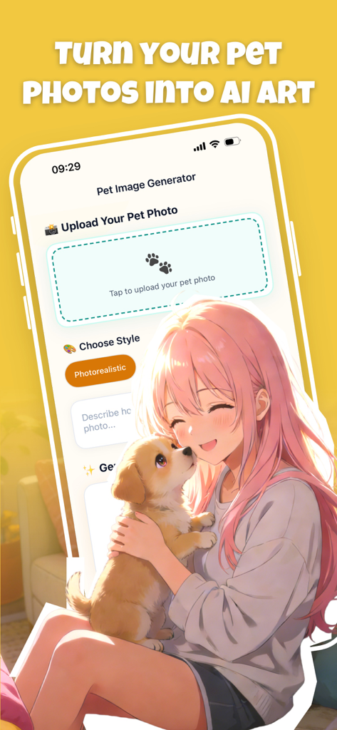 Cutie AI: Roleplay Fantasy - Cutie AI app screenshot showing the pet image generator feature with an anime girl hugging a dog