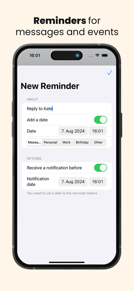MultiChat Business Messenger - Oberfläche der MultiChat App mit einem neuen Erinnerungseinrichtungsbildschirm mit Datum und Benachrichtigungsoptionen
