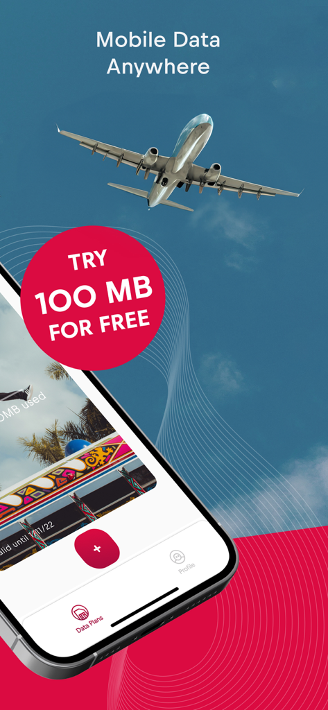 Red Bull MOBILE Data: eSIM - Red Bull MOBILE eSIM app screen with an airplane and 100MB free data offer