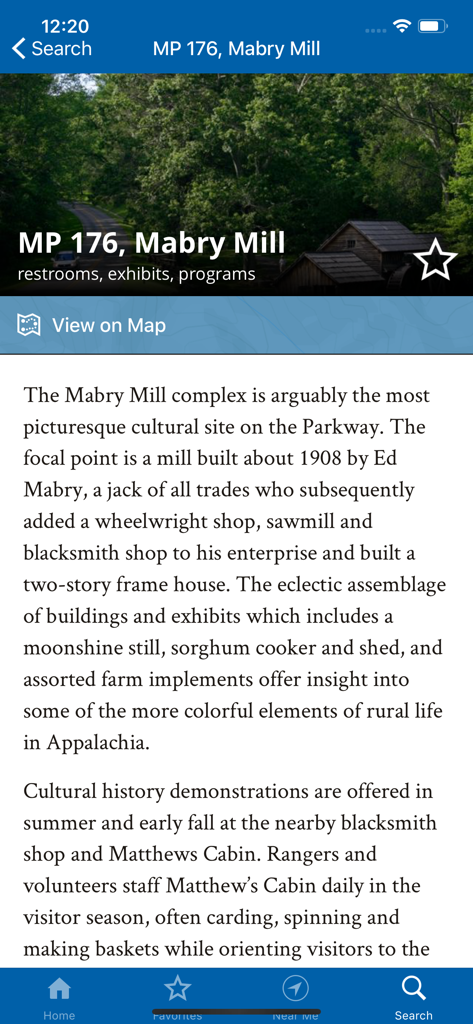 블루리지 파크웨이 여행 앱 내의 매브리 밀 역사 유적지에 대한 상세 보기입니다.
