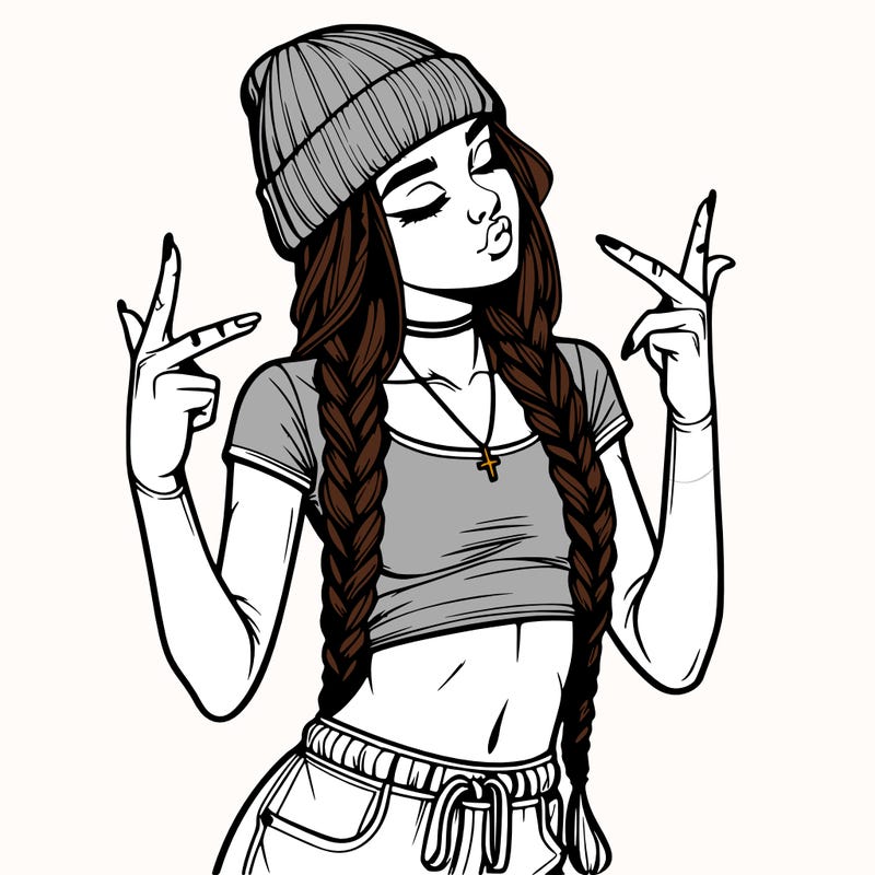 realistic teenage girl with braids and a beanie and crop top doing 🫶🏼