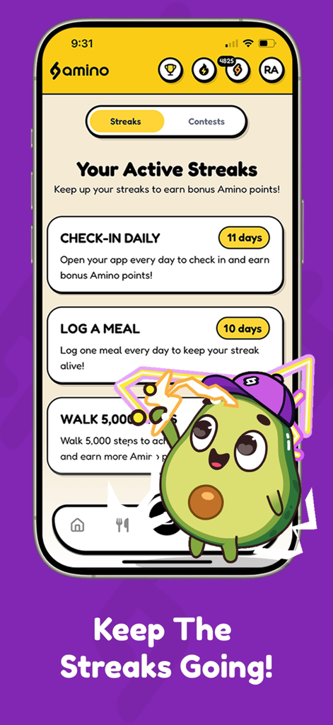Amino: Free AI Calorie Tracker - Interfaz de la aplicación Amino que muestra rachas de registro diario y de comidas con una mascota de aguacate de dibujos animados