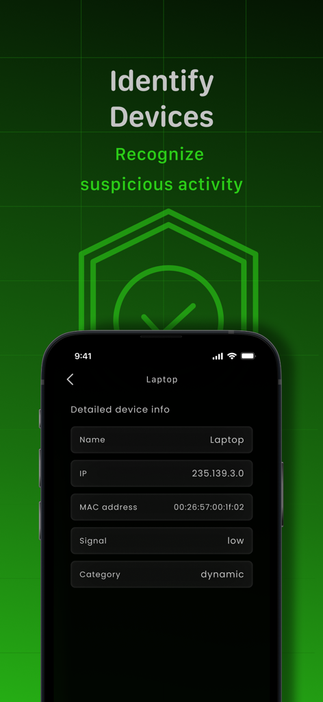 Detection Monitor app interface showing detailed network device information including IP and MAC address.