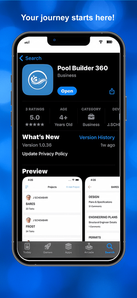 Pool Builder 360 - Screenshot dell'app Pool Builder 360 sull'Apple App Store che mostra le funzionalità di gestione del progetto per la costruzione di piscine fai-da-te.