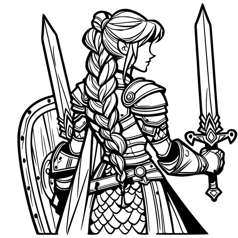 female warrior in armor with double swords and her hair in a viking braid