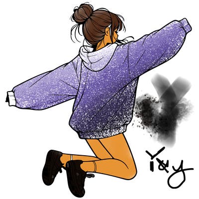 realistic girl jumping with a bun and oversized sweatshirt