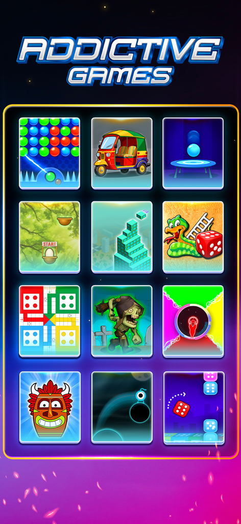 Addictive Games™ - A grid display of various mini games including Ludo, Bubble Shooter, and Snakes and Ladders