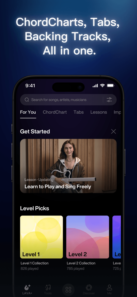 LAVA+ mobile app interface showing music lessons, chord charts, and backing tracks for guitar players.