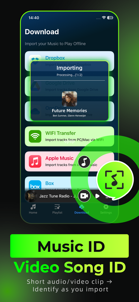 Offline Music, MP3 Player - Interfaccia che mostra la funzione di identificazione musicale e varie opzioni di importazione cloud per l'ascolto offline