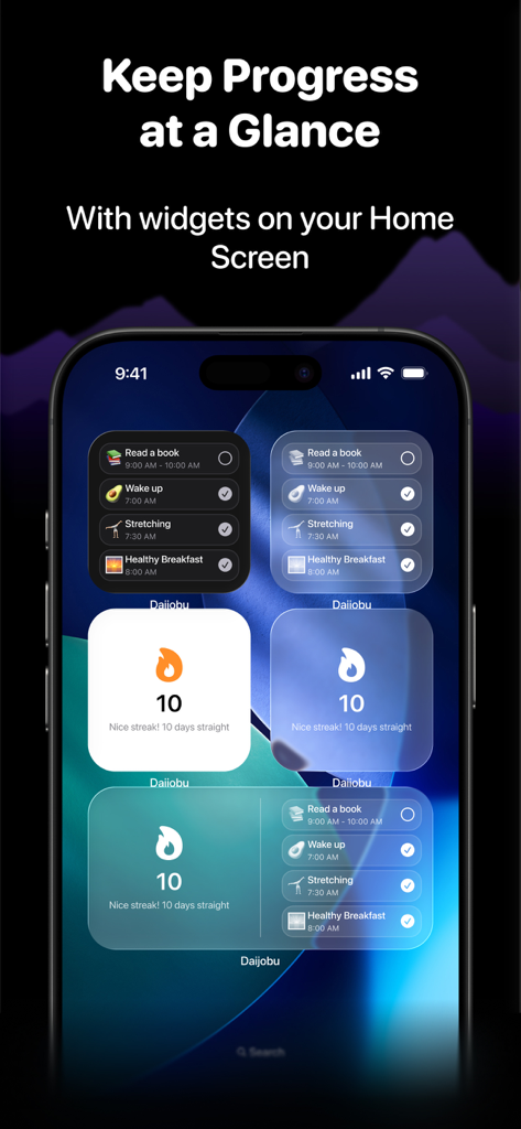 Daijobu – Daily Habit Tracker - Daijobu habit tracker widgets on an iPhone home screen showing habit progress and daily streaks