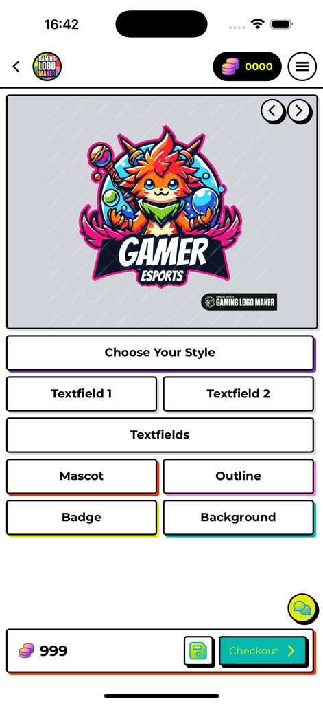 A mobile interface of The Esports Gaming Logo Maker app showing a mascot logo being customized with buttons for text mascot and background editing