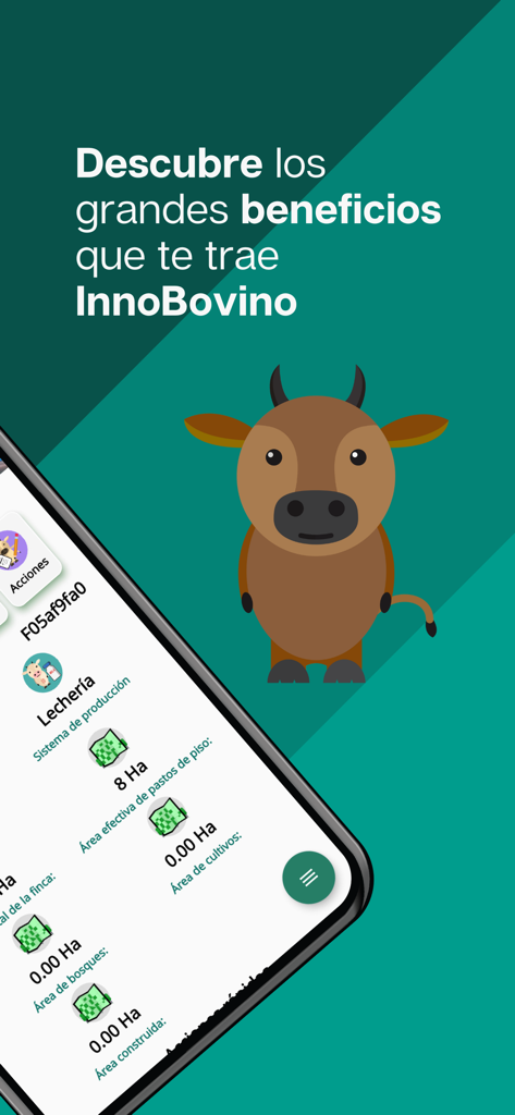 Pantalla de la app de gestión ganadera InnoBovino mostrando datos de la finca y beneficios de la ganadería
