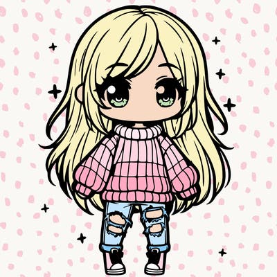 chibi girl with ripped jeans,long hair, and an oversized sweater