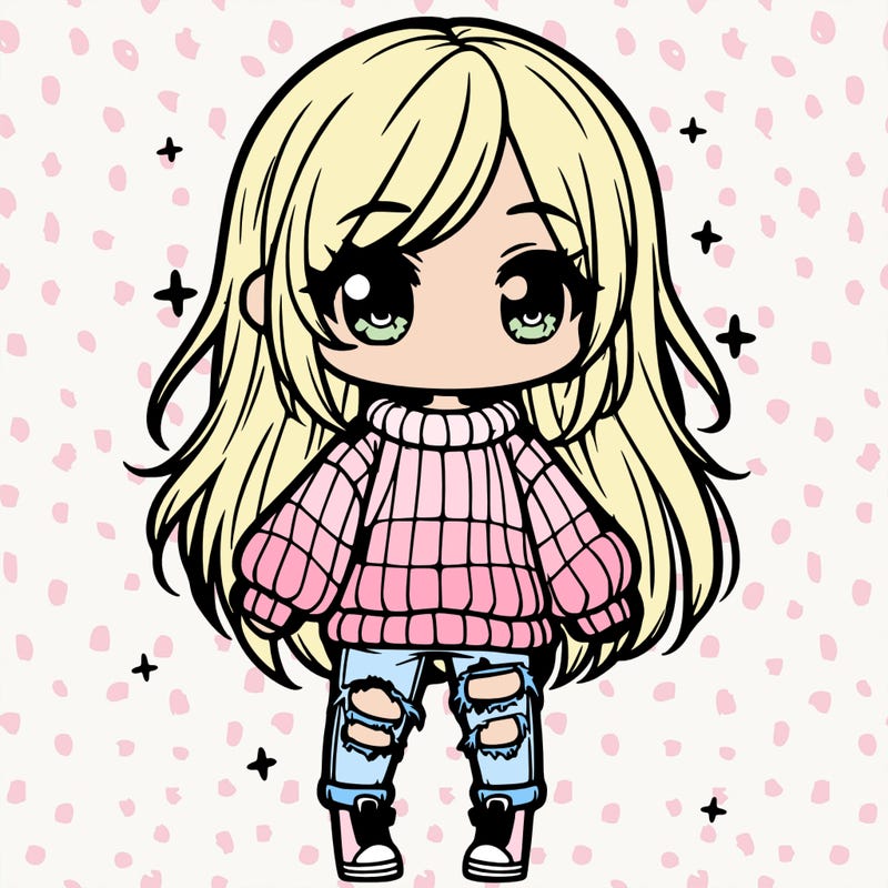 chibi girl with ripped jeans,long hair, and an oversized sweater