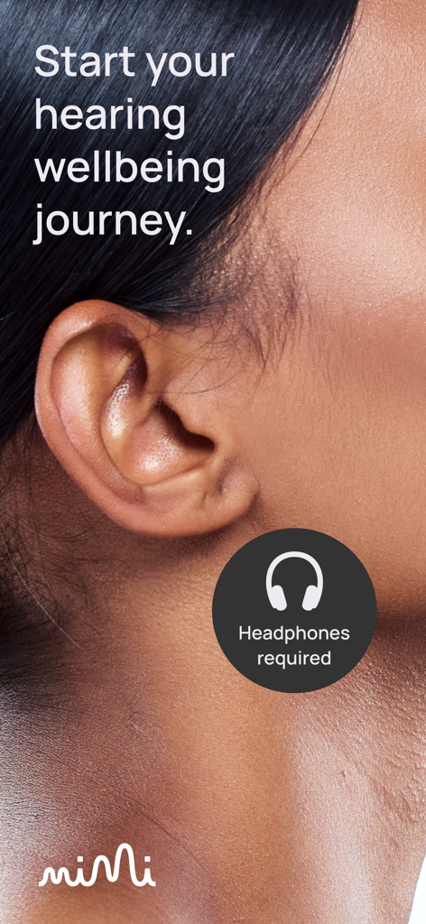 Welcome screen of the Mimi Hearing Test app showing a close-up of an ear and the text Start your hearing wellbeing journey