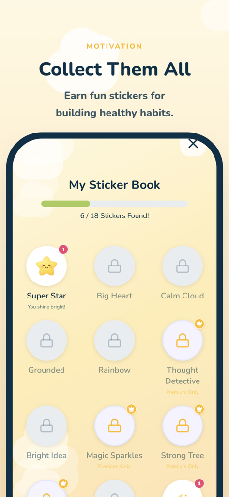 A digital sticker book interface in the Calmbud app where children earn reward badges for building healthy mindfulness habits