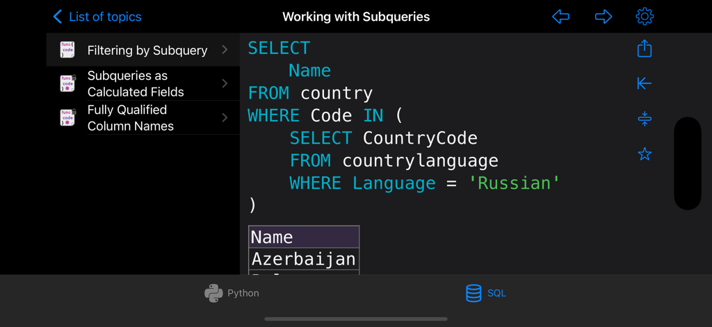 Interface of the Python and SQL app showing a SQL subquery code recipe